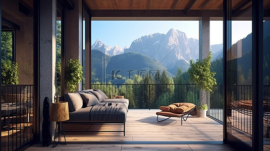 阁楼阳台和起居空间的壮观 3D 渲染，可欣赏令人惊叹的山景
