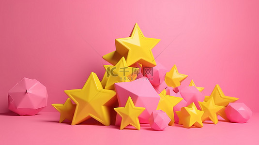 粉红星星背景图片_简约3d概念粉色背景配黄色星星效果图