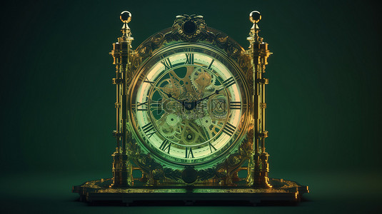 复古黄金时代设计的古董钟在绿色背景中以 3D 呈现，玻璃后有可见机制