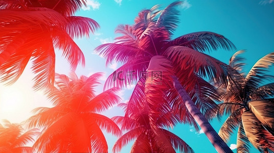郁郁葱葱的热带棕榈树近在优雅和豪华的 3D 复古风格的夏日绿洲