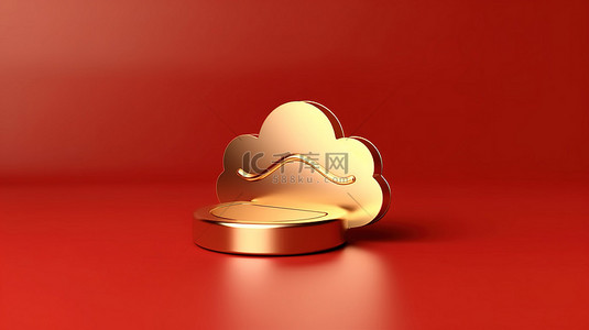 云盘资源背景图片_红色哑光金板 3d 渲染符号上的金色云上传图标