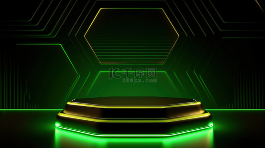 豪华金色蜂窝抽象背景展台模板与霓虹绿3D产品展示台