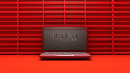红色办公背景图片_带有笔记本电脑的红色架子背景的 3D 插图