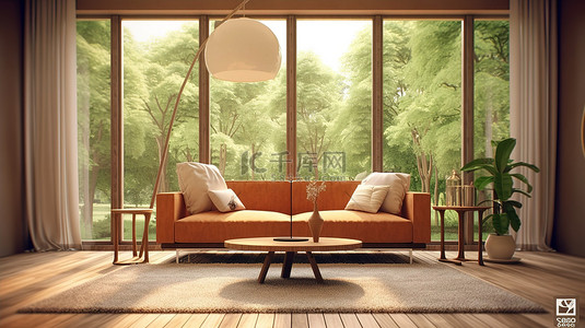 客厅的 3D 草图设有大窗户，俯瞰大自然，配有沙发桌和吊灯