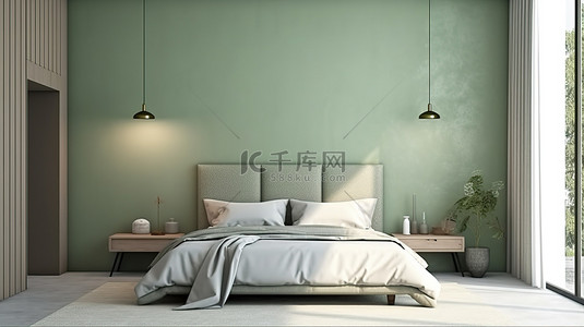 时尚的斯堪的纳维亚风格卧室模型，配有空绿墙和灰色床，加上步入式衣柜 3D 渲染