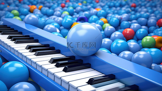 围绕蓝色钢琴键盘和蓝色胶带的彩色球的 3D 渲染
