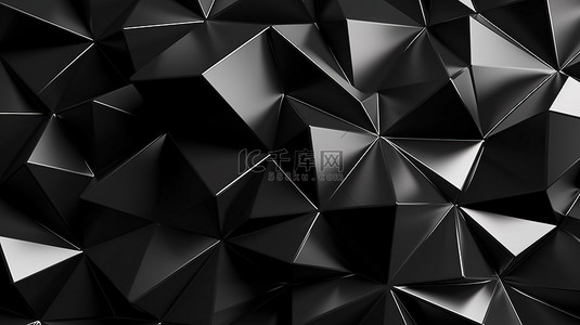 具有发光白色网格和黑色三角形的未来派低多边形背景的简约 3D 渲染