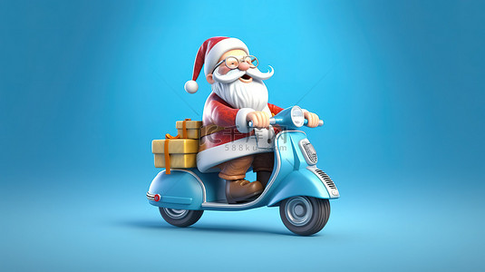 恶搞摩托背景图片_踢克劳斯 3D 渲染卡通圣诞老人在摩托车上与礼品袋反对蓝色隔离