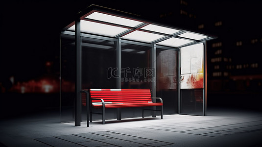 运输海报背景图片_具有两个计算机生成的广告空间的公交车站的 3D 插图