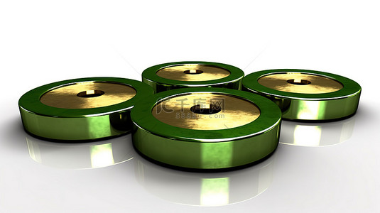 绿色 3D 渲染箭头穿过三个金属目标的中心，在白色背景上投射阴影