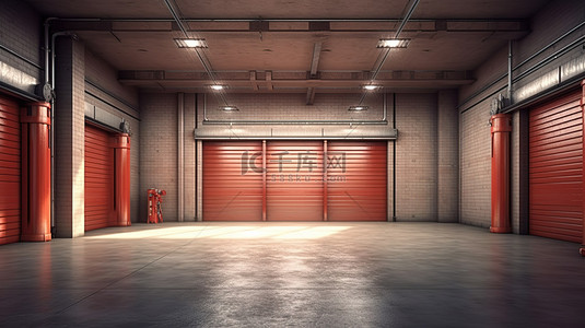 工厂内景渲染图背景图片_打开卷帘门车库的 3d 渲染