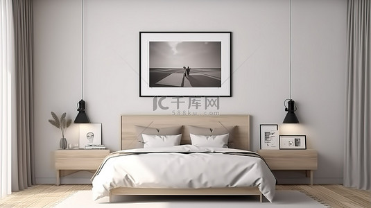 现代经典卧室的 3D 渲染，白色木墙配有模拟海报框架
