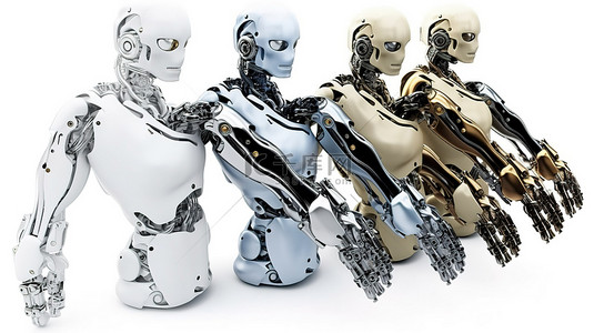 人工智能机器人或机器人，在 3D 渲染中交叉双臂，在白色上隔离