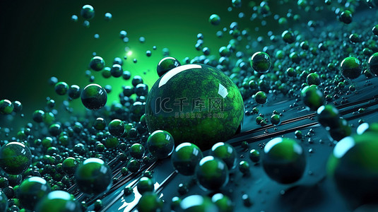 蓝绿色 3d 空间中的混沌球体和飞行粒子
