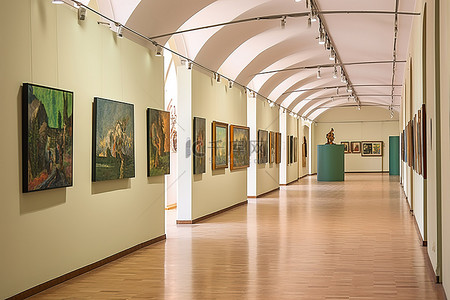 博物馆长长的走廊里陈列着许多画作