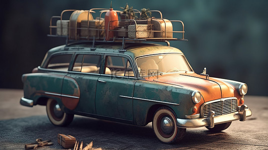 假期旅游背景背景图片_在 3D 渲染中将行李存放在车顶行李架上的经典汽车
