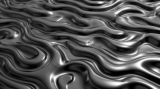 具有位移表面和波浪形状的反射 3D 渲染金属背景的挤压随机图案