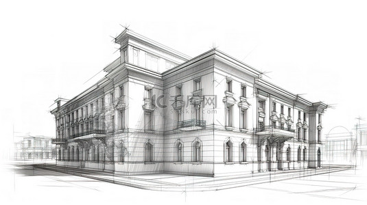 白色背景下建筑外立面设计概念的 3D 透视线框渲染