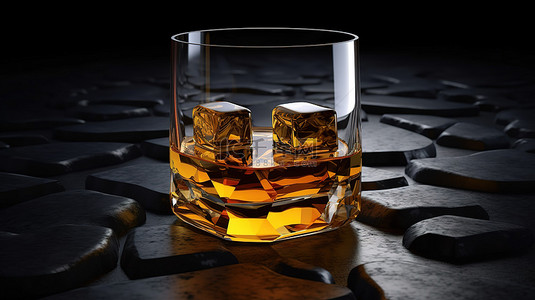 威士忌酒杯放在黑煤床上，呈现令人惊叹的 3D 渲染效果