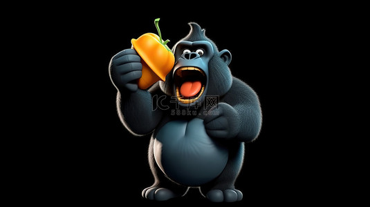搞笑的 3D 肥胖大猩猩拿着苹果，通过扩音器进行交流