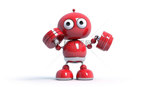 可爱的 3D 机器人私人教练拿着红色哑铃，在白色背景上进行自动健身