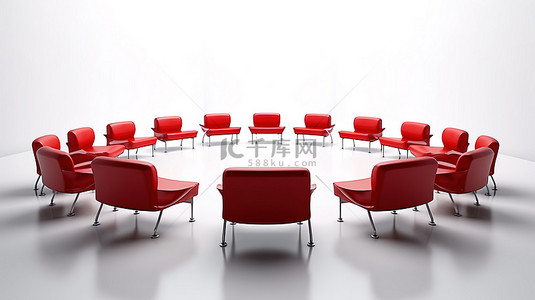 公司会议红色皮革行政椅位于宽敞的房间内安排的座位中，3D 渲染图像