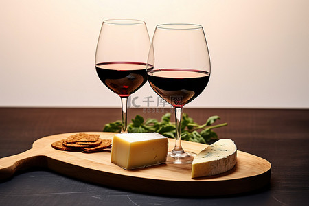 奶酪零食背景图片_木板上放着两个红酒杯，上面有奶酪和意式烤面包
