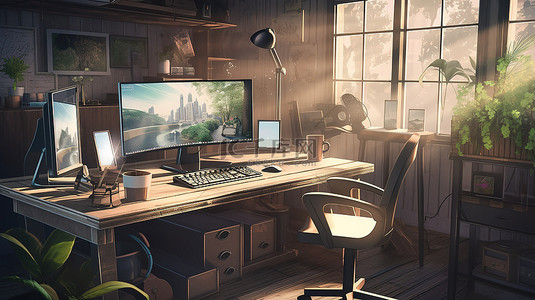 电脑桌工作台背景图片_家庭办公室天堂 3D 渲染宽敞的工作台，配有电脑咖啡杯和花盆，非常适合生产力 3D 插图
