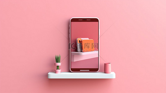 粉色墙架上带有手机的方形背景的 3D 插图