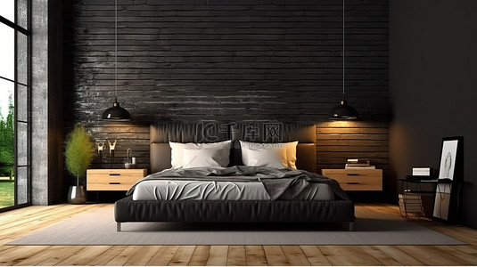 时尚黑背景图片_卧室的 3D 渲染，配有时尚的黑砖墙内饰