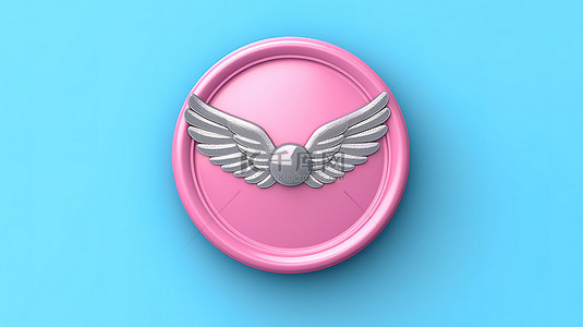 复古徽章背景图片_3D 渲染粉红色背景，带有蓝色翅膀徽章和充足的定制设计空间