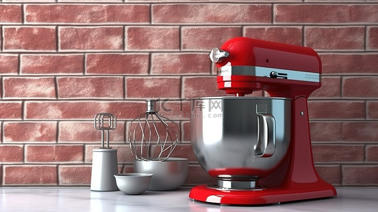 红色厨房立式搅拌机和空白框架的 3D 渲染，在砖墙上的极端特写