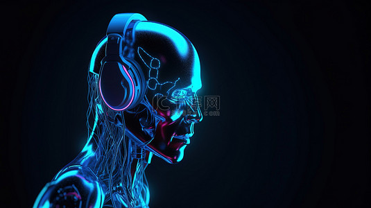 电脑操作员背景图片_带有耳机的机器人或机器人的霓虹灯 3D 渲染图