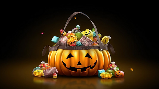 经典的万圣节庆祝活动 3D 渲染一个黄色袋子，里面装满了各种糖果和糖果