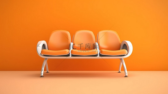 橙色背景上单色三座公共长凳的 3D 渲染