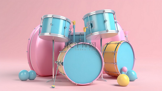 音乐黄色背景图片_黄色背景 3D 渲染卡通风格鼓组蓝色和粉色