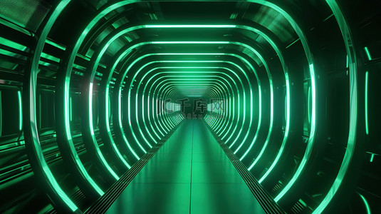 4k uhd 质量 3d 渲染隧道与镜像墙和辐射绿灯在运动