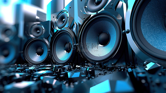蓝色音响声音背景图片_使用立体声扬声器创建音频音乐的抽象背景的特写 3D 渲染