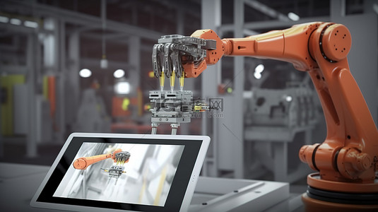 工厂机器人背景图片_在 3D 渲染的工厂环境中使用平板电脑的机器人