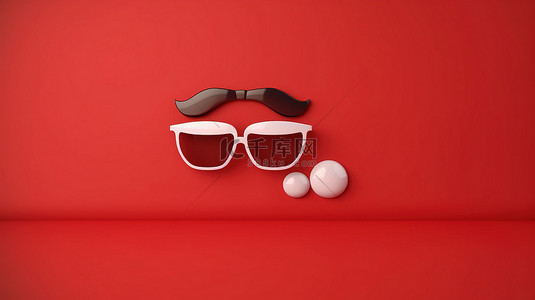 用时髦的氛围红色背景 3D 渲染的太阳镜和小胡子庆祝父亲节