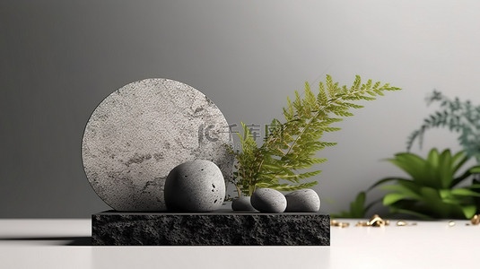 装饰小物品背景图片_3D 渲染化妆品展示台由石头制成，装饰着小植物
