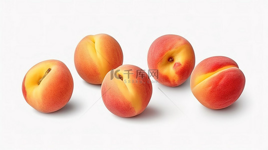 新鲜采摘水果背景图片_新鲜采摘的桃子在 3D 渲染的白色背景上排列成一组