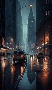 白色的路灯背景图片_楼房车路高楼灯雨中的城市街景背景