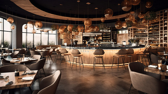 餐厅设计背景图片_舒适酒吧餐厅的现代室内 3D 渲染的时尚和现代设计