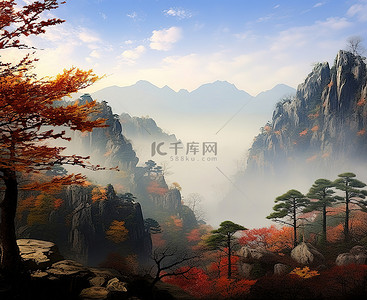 秋天的树叶从中国的一座大山上飘落