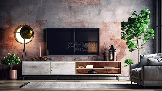 宽敞客厅的 3D 渲染，配有混凝土墙安装的大电视，木地板上装饰着灯具和家具