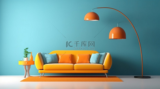 橙色样机背景图片_现代休息室配有充满活力的橙色沙发黄色拱形落地灯和蓝色气泡墙 3D 可视化