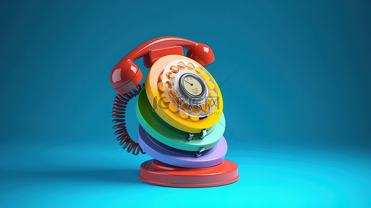 復古電話背景图片_老式旋转电话堆叠在蓝色背景 3D 插图概念上的彩色层中