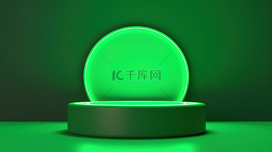 简约的顶视图产品展示，在平躺圆柱圆形讲台上带有霓虹绿 3D 元素