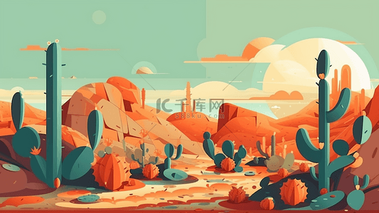 沙漠太阳彩色仙人掌流沙背景
